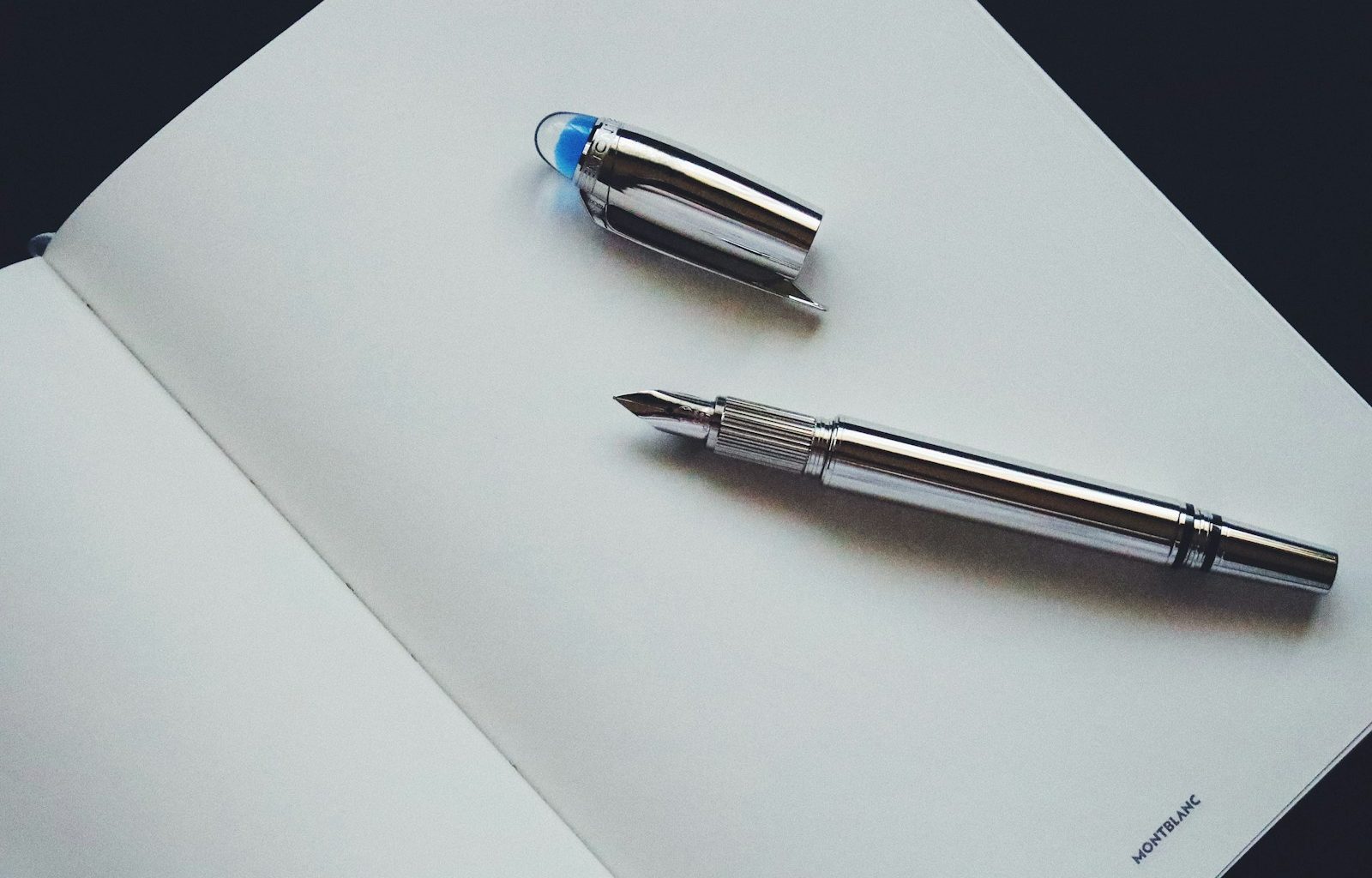 silver and blue click pen