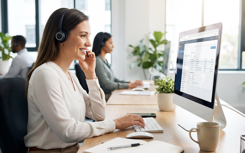 Medewerker klantcontact met headset achter een computerscherm in een modern kantoor