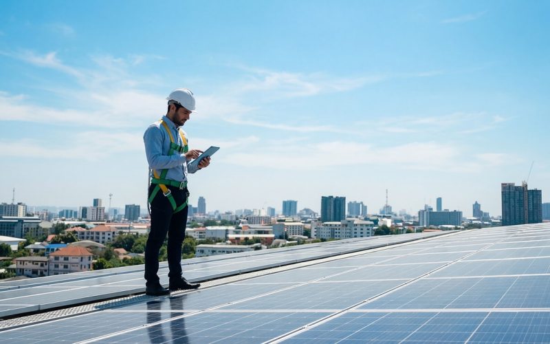 Facility manager inspecteert een gebouw met klembord in de hand